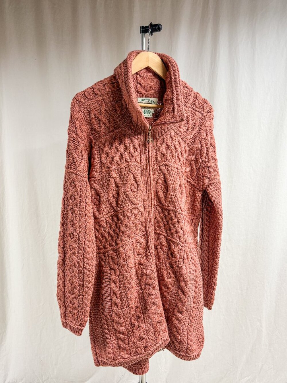 Aran Crafts 100% Merino Wool Cable Knit Pink Zip Long Thick Cardigan Sweater